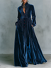 Elegant Navy Blue Pleated Long Sleeve Maxi Dress with Button Front and Pockets