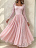 Elegant Pink Lace Long Sleeve Maxi Dress with Square Neckline and Flowing Skirt
