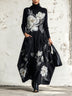 Elegant Black Floral Print Long Sleeve Maxi Dress with High Neck and Pockets
