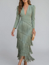 Women’s Sage Green V-Neck Long Sleeve Tiered Fringe Midi Dress