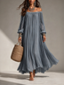 Women’s Slate Blue Off-Shoulder Long Sleeve Pleated Maxi Dress