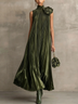 Women’s Olive Green High-Neck Pleated Maxi Dress with Floral Shoulder Detail