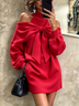 Women Elegant Red Off Shoulder Bow Knit Mini Dress