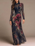 Women's Navy Blue Floral Print Long Sleeve Maxi Dress