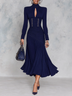 Women's Navy Blue High Neck Maxi Dress with Gold-Tone Buttons