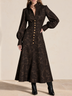 Women's Brown Floral Jacquard Long Sleeve Shirt Maxi Dress