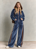 Vintage-Inspired Blue Hooded Wide-Leg Jumpsuit