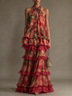 Floral Halter Neck Ruffle Top and Tiered Maxi Skirt Two-Piece Set with Burgundy Lace Trim
