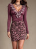 Mauve Purple Ruffle V-Neck Long Sleeve Top with Pink Leopard Print Mini Skirt