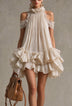 Ivory Lace Halter Neck Cold Shoulder Mini Dress with Layered Ruffle Hem