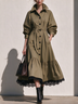 Olive Green Button-Front Shirt Dress with Belted Waist and Black Lace Hem
