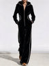 Black Hooded Zip-Up Jumpsuit with White Contrast Piping and Side Pockets