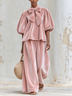 Blush Pink Bow Neck Puff Sleeve Top and Wide-Leg Pants Two-Piece Set