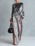Silver Velvet Top & Leopard Print Wide-Leg Pants Set