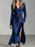 Navy Blue Satin Wrap Maxi Dress