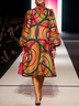 Multicolor Geometric Print High-Neck Midi Dress