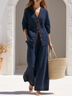 Women Navy Linen Two‑Piece Outfit, V‑Neck Button‑Down Top & Wide Leg Pants Casual Matching Set