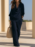 Women Dark Navy Draped Neck Two‑Piece Suit, Loose Batwing Top & High Waist Wide Leg Pants Formal Casual Outfit