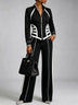Women Black White Color‑Block Tracksuit Outfit, Zip‑Up Stand Collar Jacket & Wide Leg Pants Casual Suit Set