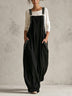 Women Black Loose Linen Overalls Jumpsuit, Striped Trim Wide‑Leg Baggy Suspender Jumpsuit with Pockets