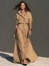 Khaki Utility Shirt Maxi Dress for Women, Roll‑Up Sleeve Drawstring Waist Flowy Long Safari Dress