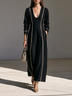 Women Black Contrast Piping V‑Neck Maxi Dress, Long Sleeve Slim Fit Midi‑Maxi Dress with Side Pockets