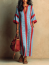 Casual Red and Blue Striped V-Neck Loose Fit Midi Dress