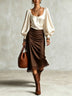 Elegant White Puff Sleeve Blouse and Brown Lace Hem Midi Skirt Two-Piece Set