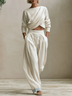 White Draped Long Sleeve Top and Wide Leg Pants Two Piece Set