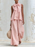 Blush Pink Bow Neck Sleeveless Top and Wide Leg Pants Set