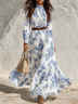 Blue Floral Print Smocked Neck Belted Maxi Dress