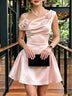 Pink Asymmetrical Draped Shoulder 3D Floral Satin A‑Line Mini Dress