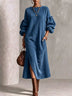 Corduroy Maxi Skirt With Crew Neck, Lantern Sleeves, And Side Slit