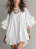White Double-Layer Ruffled-Sleeve Flared Mini Dress