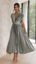 Elegant Satin Pleated V-neck Flowing Midi Dress