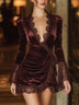 Luxury Velvet Wrap Mini Dress With Lace Trim & Long Sleeves