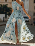 Light Green Floral Ruched One Shoulder A-Line Maxi Chiffon Dress