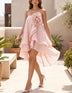 Pink Strapless 3D Flower High‑Low Ruffle Chiffon Mini Dress