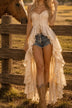 Beige lace-up top with tiered ruffles and a high-low hem