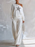 Women Waffle Knit Off‑Shoulder Star Top & Contrast Piping Wide Leg Pants Two‑Piece Set