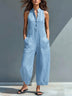 Black Minimalist Faux Linen Button-down Collar Sleeveless Loose-fitting Jumpsuit