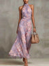 Pink Floral Chiffon Halter Maxi Dress