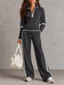White Half-zip Collar Ribbed Sweatshirt And Color-blocked Wide-leg Pants Suit