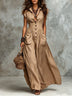 Khaki Cotton And Linen Shirt Collar Maxi Dress With Big Side Pockets