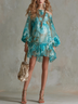 Resort Style Turquoise Floral Off Shoulder Chiffon Mini Dress