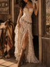 Bohemian floral ruffled tiered high-slit maxi dress(Belt not included)