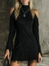 Brown High-neck Off-shoulder Tassel Faux Suede Long-sleeved Mini Dress