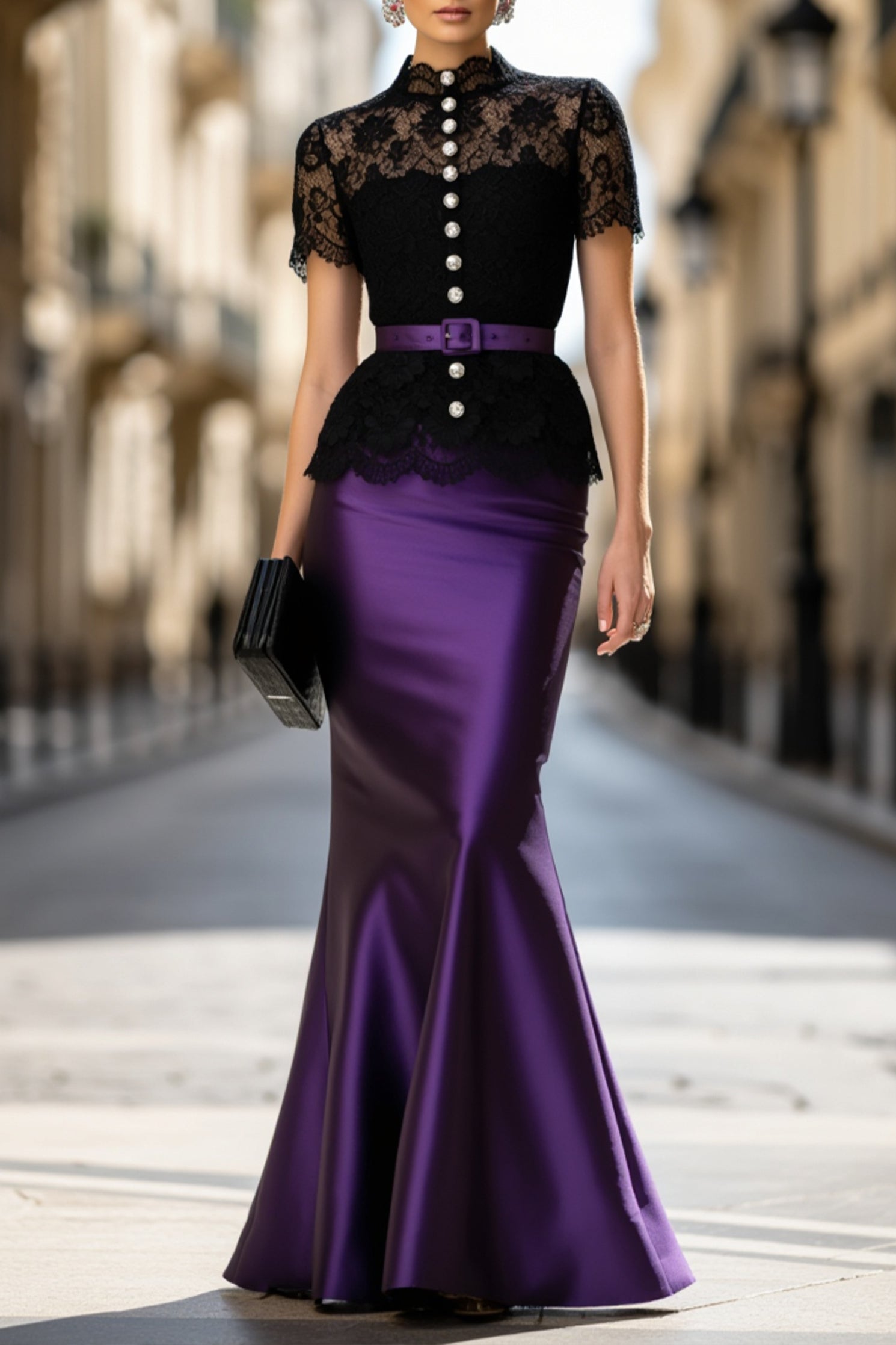 Black lace top and purple mermaid-style maxi skirt evening set (includes belt)