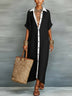 Olive Green Minimalist Patchwork Short-sleeved Shirt Maxi Dress