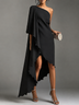 lack One‑Shoulder Cape Sleeve High‑Low Asymmetrical Ruffled Hem Formal Party Gown Midi Evening Dress